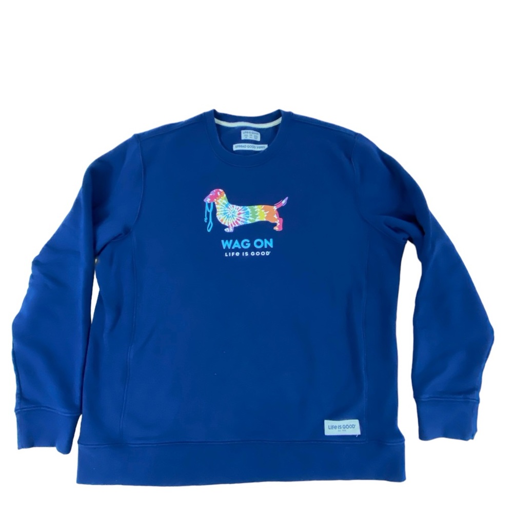Life is Good Sweatshirt Adult XXL Extra Large Navy Blue Crewneck Men Doxie